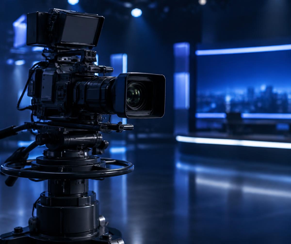 Professional broadcast studio camera in a blue-lit studio